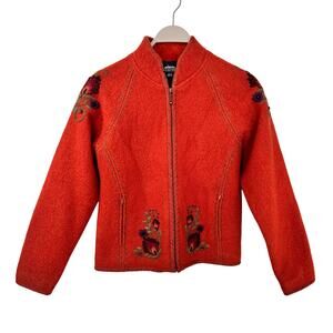 VTG Icelandic Designs‎ Wool Blend Embroidered Zip-Up Sweater Orange Size Medium